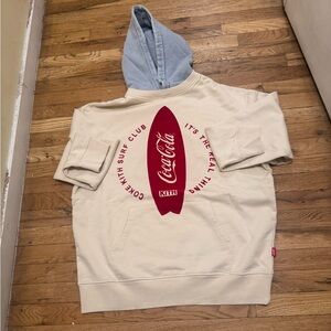 Kith Cream Crewneck Hoodie with Red Surf Graphic and Light Blue Hood